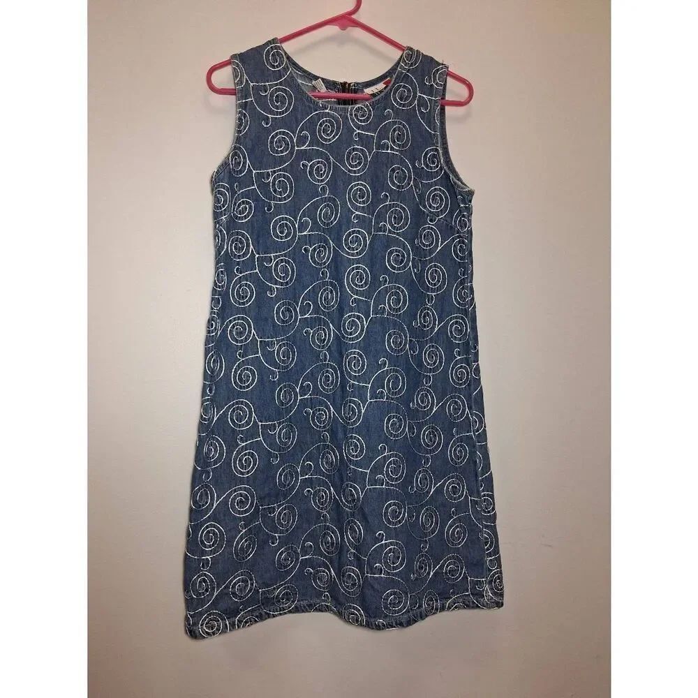 J.l ny y2k denim shift dress womens small brocade hand work vintage - Picture 4 of 10